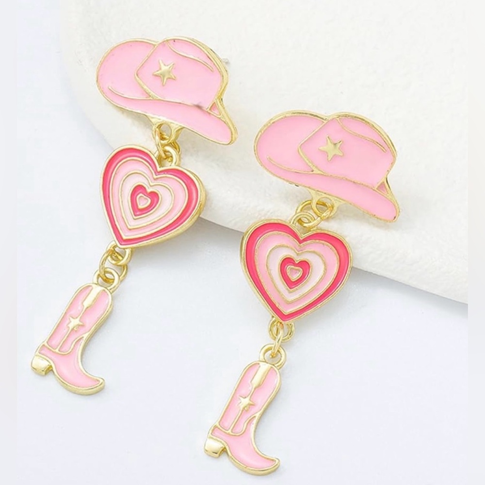 Fashion Jewelry Gold-tone Pink Enamel Cowgirl Dangle Earrings